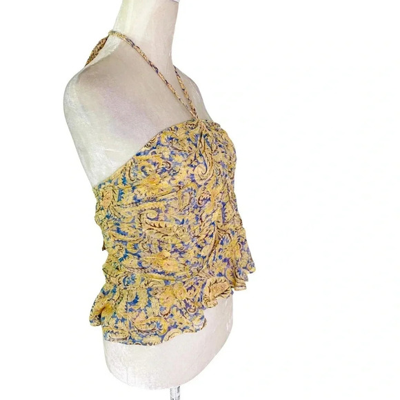 NWT Veronica Beard Silk Arienne Gathered Halterneck Top Yellow and Blue Size 14 - Picture 6 of 13